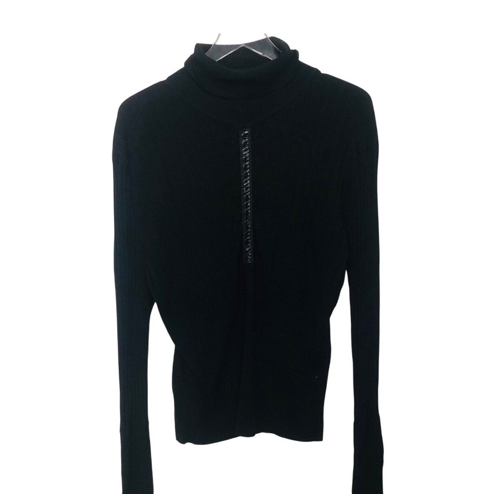 Yuka Black turtleneck‎ with black leather Detailing by zipper size medium